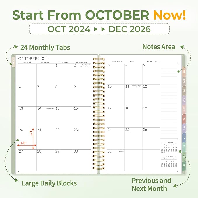 SUNEE 2025-2026 Monthly Planner - 24 Months (Jan 2025 - Dec 2026) Monthly Planner - 7"x10" Monthly Spreads & Yearly Planner, Sage Green