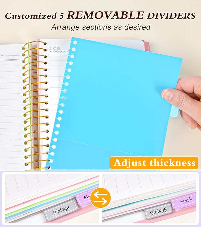 5 Subject Notebook College Ruled with Removable Pocket Dividers Tabs, 240 Pages Spiral Notebook 8.5 x 11, Lined Journal Notebook for Women , Hardcover Notebooks for Work School Note taking A4 Pink