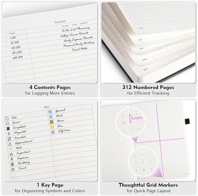 Dotted Journal Notebook, 312 Numbered Pages Large B5 Hardcover Dot Journal, 100gsm No Bleed Paper Dot Grid Notebook with Index Pages, Dotted Notebooks for Women Men, 7.6'' X 10'', Brown