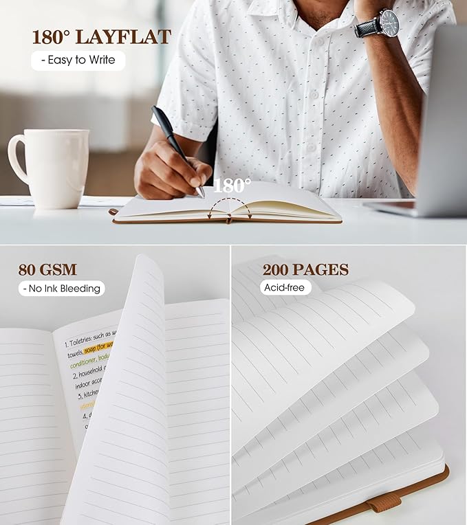 Lined Journal Notebook for Men Women, A5 Brown Leather Journals for Writing, 200 Pages College Ruled Journal Notebook, Travel Daily Journal Notebook for Work School, Note Taking 5.75'' X 8.38''