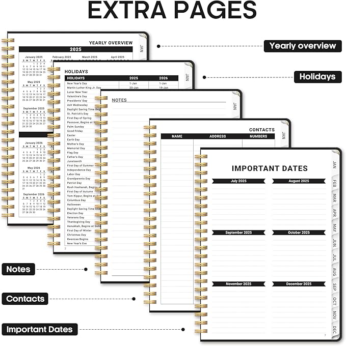2025 Planner, Weekly and Monthly Planner Spiral Bound, Jan 2025 - Dec 2025, Hardcover 2025 Calendar Planner Book with Tabs, Inner Pocket, Perfect for Office Home School Supplies - A5 (6.3" x 8.5"), Black