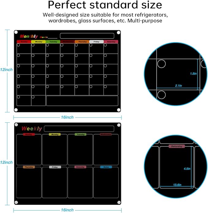 Fridge Calendar Meal Planning Board, Dry Erase Acrylic Magnetic Monthly Weekly Calendar Planner for Refrigerator with 6 Colors Markers (Black-Weekly+Monthly(15.7x11.8))