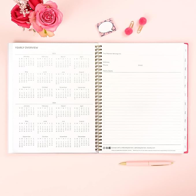 Blue Sky 2023-2024 Academic Year Weekly and Monthly Planner, 8.5" x 11", Frosted Flexible Cover, Wirebound, Roosevelt Pink (144716)