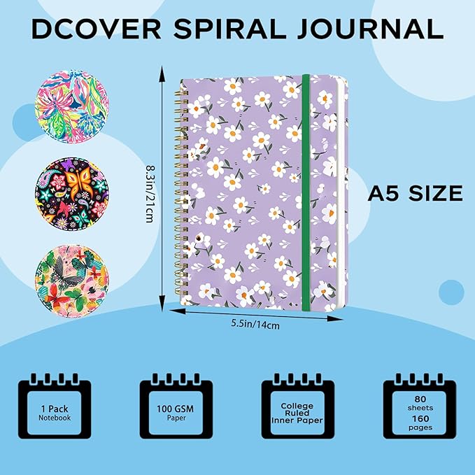 Spiral Notebook - A5 Spiral Notebooks, 8.3'' × 5.8'', 160 Pages, Aesthetic Journaling Notebooks for Women, College Lined Notebook with Elastic Closure, Back Pocket, for School Office, Purple Flower