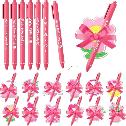 24 Set Mother's Day Sticky Notes and Pens Set Mother's Day Gift Pink Flower Heart Gift Box Bouquet Shaped Self Sticky Notepads Ballpoint Pens for Mothers Day Gift Office Daily Supplies