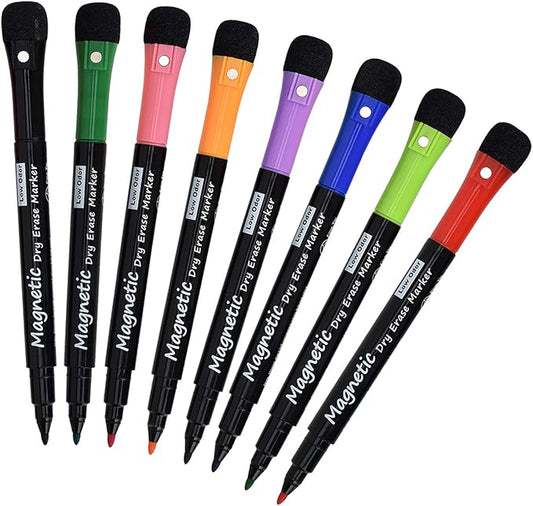 Magnetic Dry Erase Markers, (8 Pack) Dealkits Low Odor White Board Markers Whiteboard Markers with Erasers for Kids Teacher Supplies for Classroom Work on White Board, Calender, Fine Tip Point