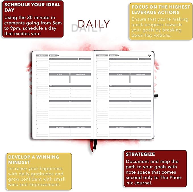 The Phoenix Planner - Best Daily Calendar and Agenda for Goal Setting, Boost Happiness and Productivity - Gratitude Journal, Habit Tracker, Quarterly Business Planner - 6 Months, Undated (Sapphire)