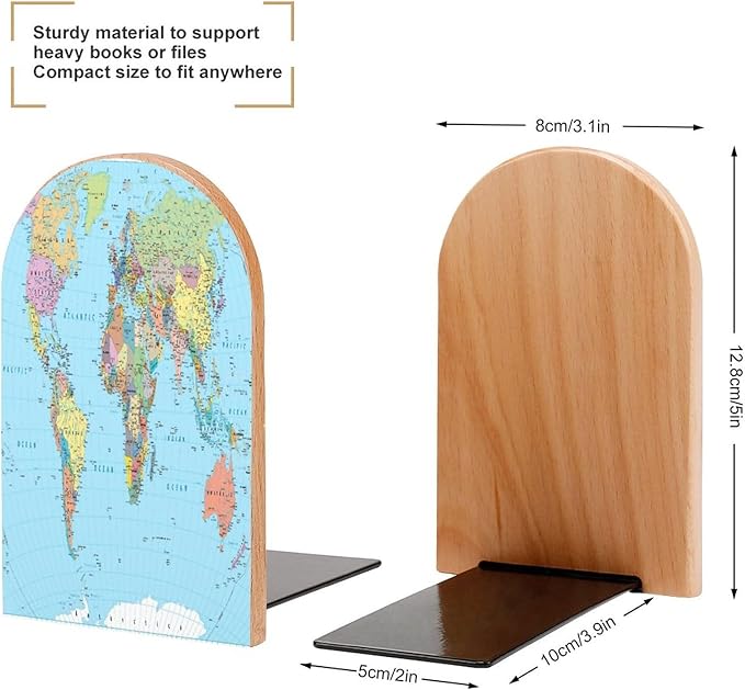 2 Pack Wood Bookends, World Map Blue Non-Skid Book Ends for Heave Books, Decorative Bookends for Shelves Desk, Book Stoppers Book Holders for Home Office Library School