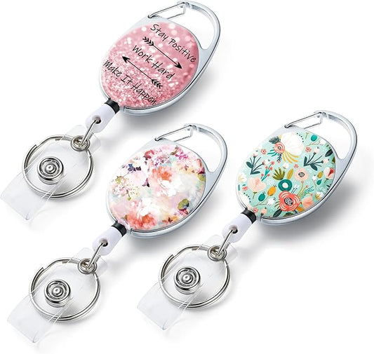 3 Pack Badge Reels Retractable，Double Sided Color Print Pattern Retractable Badge Holders，with Retractable Keychain, Badge Clip and Key Ring，Durable Nylon Retractable Rope