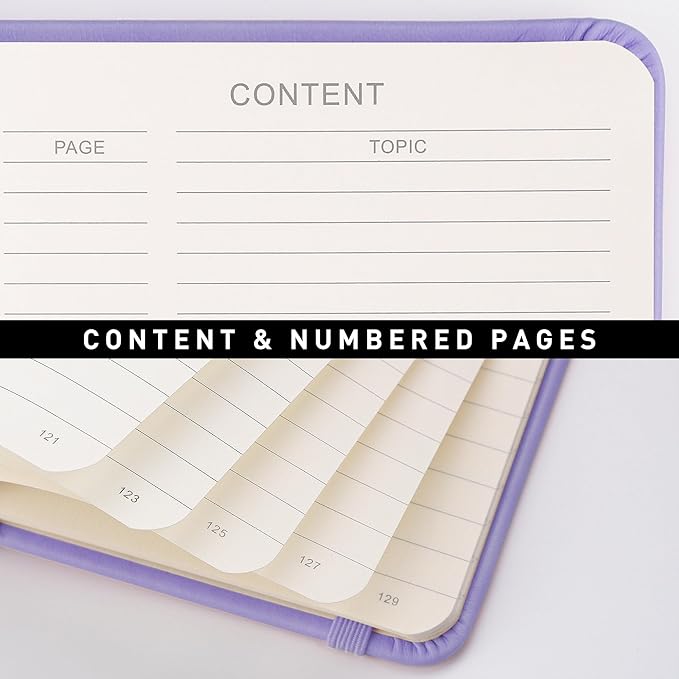RETTACY Journaling Notebooks, A5 Lined Journal Notebook with 192 Numbered Pages, 5.7'' × 8.3'' Medium Size, for Writing, Work, Office, Leather Hardcover, 100 GSM Thick Paper (Purple)