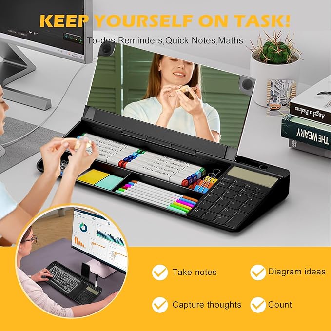 Desktop Glass Whiteboard with Mirror & Calculator(12 Digit LCD Display) & Ruler Marker,Tilted Computer Keyboard Stand with Dry Erase Board Surface, Desk Organizers with Accessories,Black