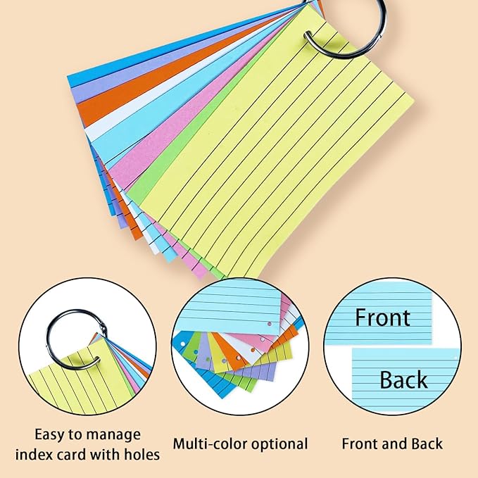 TFLFL Index Cards 3x5 Inch, 600PCS Flash Cards with Rings 8 Colors Ruled Index Cards, Assorted Lined Colored Flashcards, Thin Note Cards Paper, Study Card Memo Scratch Pad for Home Office School