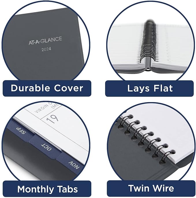 AT-A-GLANCE 2024 Weekly & Monthly Planner, DayMinder, Quarter-Hourly Appointment Book, 8-1/2" x 11", Large, Spiral Bound, Monthly Tabs, Gray (GC5200724)