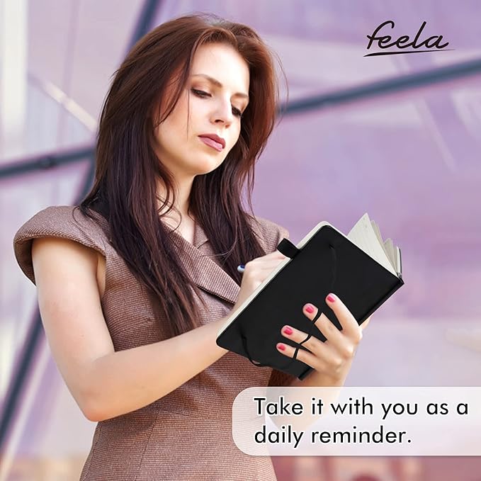 feela 3 Pack Notebooks Journals Bulk with 3 Black Pens, A5 Hardcover Notebook Classic Ruled Lined Journal Set with Pen Holder for Work Business Journaling Note Taking, 120 GSM, 5.1”x8.3”, Black