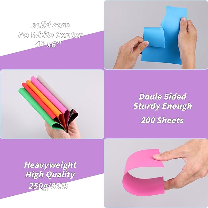 4" x 6" Cardstock, 200 Pack Colorful Thick Paper Cardstock Blank Colored Cards Stock for Invitations, Greeting Cards Making, Postcards, Photos, 250GSM Thick Paper Colorful