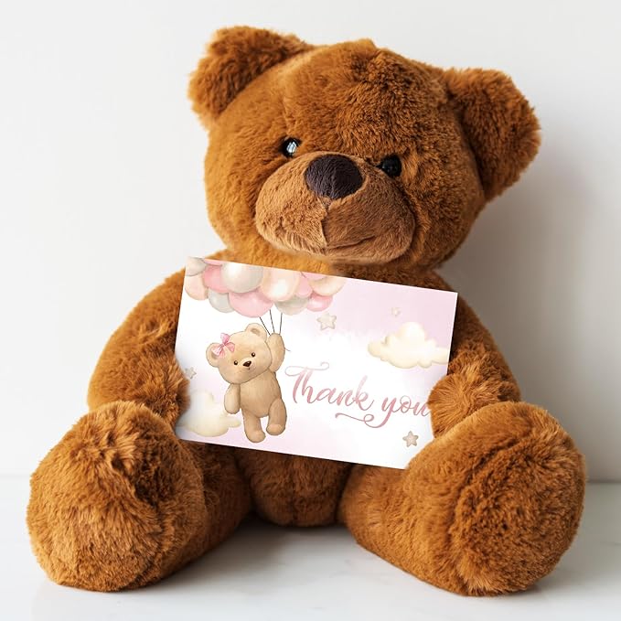 Whaline 24 Packs Bear Thank You Cards Pink Bear Balloon Greeting Cards Cute Cartoon Blank Note Cards with Envelopes and Stickers for Baby Shower Birthday Holiday Party Supplies, 4 x 6 Inch