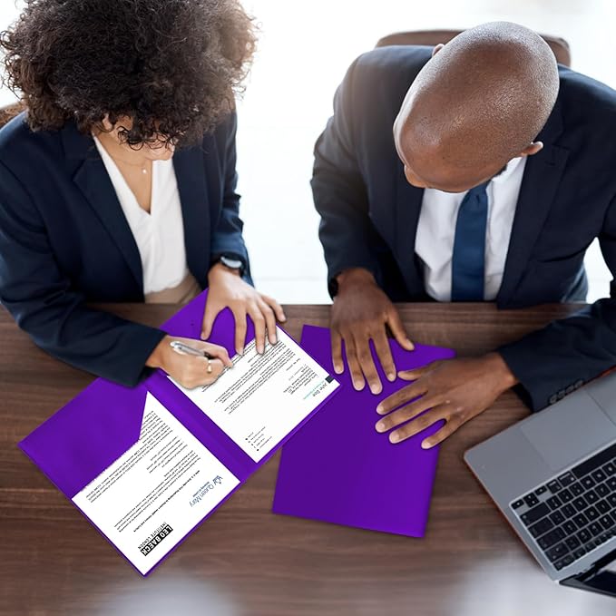 12-Pack Plastic Folders with Pockets,2-Pocket Poly Folders Holds 8-1/2" x 11" Paper for School/Office/Home, Purple