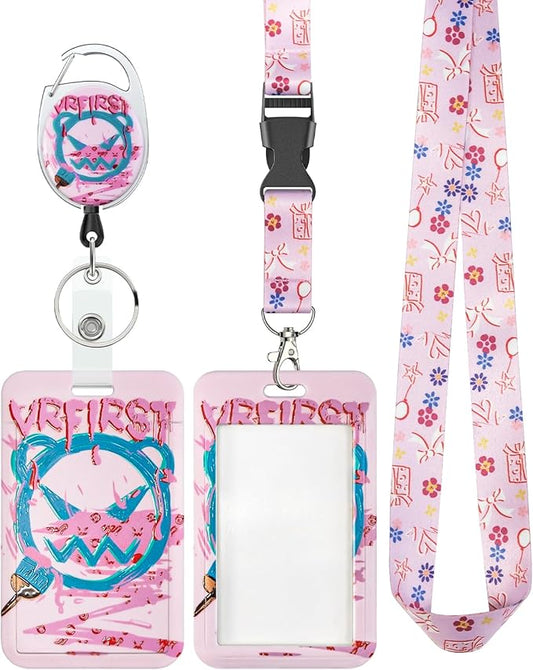 Uniclife Fashionable Sliding Badge Holder Angry Bear Plastic Case with Retractable Badge Reel Carabiner Clip & Detachable Lanyard Strap Embossed Vertical Card Protector for Women Nurse Teacher Student