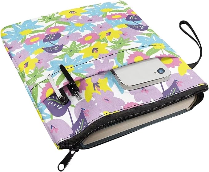 COEQINE Floral Book Sleeve with Zipper Washable Chain Portable Book Case Pouch for Paperbacks Book Covers for Soft Cover Books