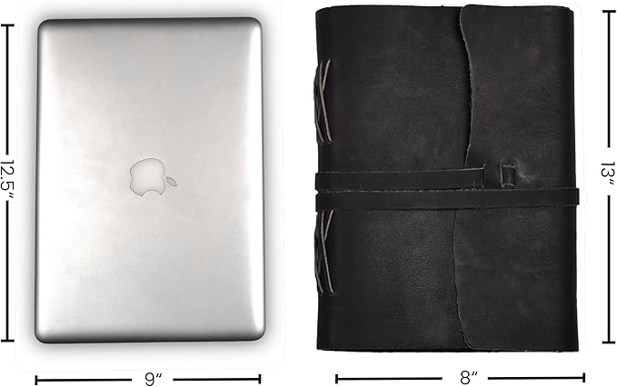 LEATHER VILLAGE Leather Bound Journal - Black, 13"X8", 220 Pages - Vintage Blank Paper Diary for Writing, Drawing, Sketchbook, and Travel Notebook - Ideal for Women and Men