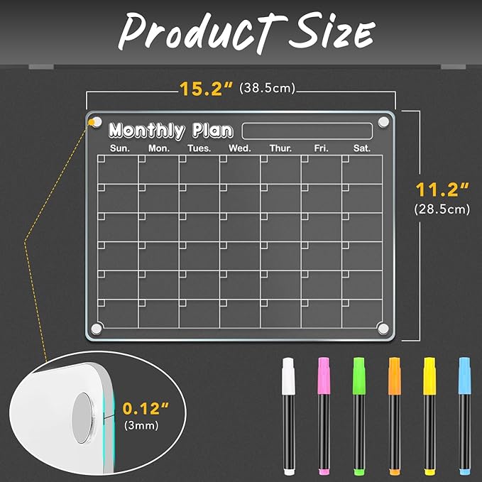 DIYMAG 3Pcs Acrylic Magnetic Dry Erase Calendar for Fridge, Clear Acrylic Calendar Planning Board Set Magnetic Weekly Monthly Planner Menu for Refrigerator with 6 Highlight