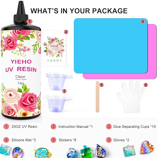 1000g UV Resin -Upgraded Crystal Clear Hard UV Fast Curing Epoxy Resin Supplies with Mat for Craft Jewelry Making 1KG