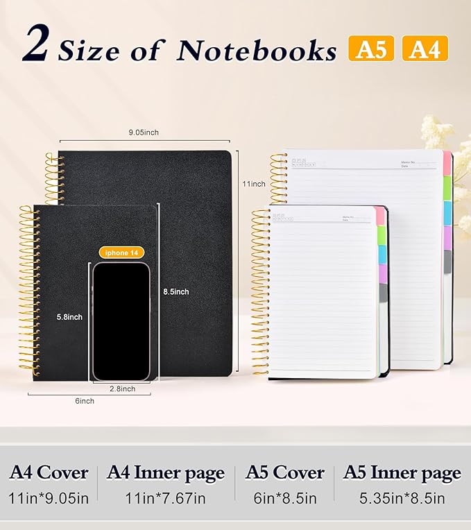 5 Subject Notebook College Ruled with Removable Pocket Dividers Tabs, 240 Pages Spiral Notebook 8.5 x 11, Lined Journal Notebook for Women , Hardcover Notebooks for Work School Note taking A4 Black