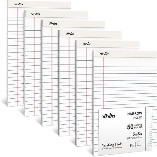 ViVin 5 x 8 Inch Note Pads, 6 Pack, Narrow Ruled, 50 Sheets Per Writing Pad, Perforated, Legal Pads Ideal for Home, Office, Business, 300 Sheets (6 Pack of 50), White Paper