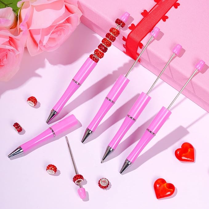 jiebor 30Pcs Pink Beadable Pens Valentines Day Plastic Bead Pen Black Ink Ballpoint Pens Diy Pens Cute Cool Pens for Teacher Bridal Graduation Gift Office Supplies