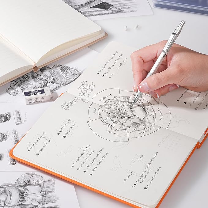 Nicpro Metal Mechanical Pencil Set, 5 PCS Art Drafting Pencils 0.3, 0.5, 0.7, 0.9 mm & 2mm Graphite Lead Holder For Sketching Drawing With 9 Tubes (4B 2B HB 2H Colors) Lead Refills Erasers Case