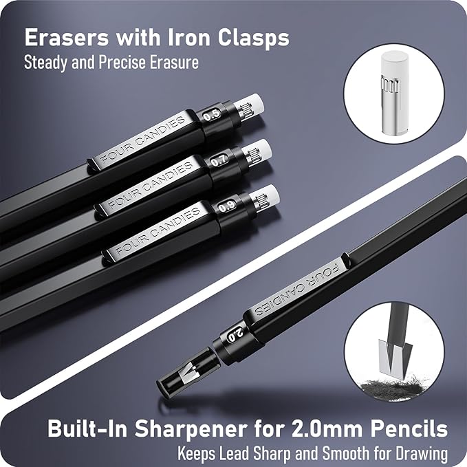 Four Candies Metal Mechanical Pencil Set, 3PCS Art Drafting Pencils 0.5, 0.7, 0.9MM & 2PCS 2MM Mechanical Drawing Pencils with 420PCS Leads (4B 2B HB 2H Color) for Writing Sketching Drawing (Black)