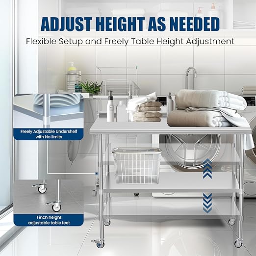 Stainless Steel Table with Wheels 30 x 48 Inches Metal Prep Table with Backsplash & Adjustable Undershelf, Stainless Table for Commercial Kitchen, Outdoor, Restaurant, Hotel & Garage