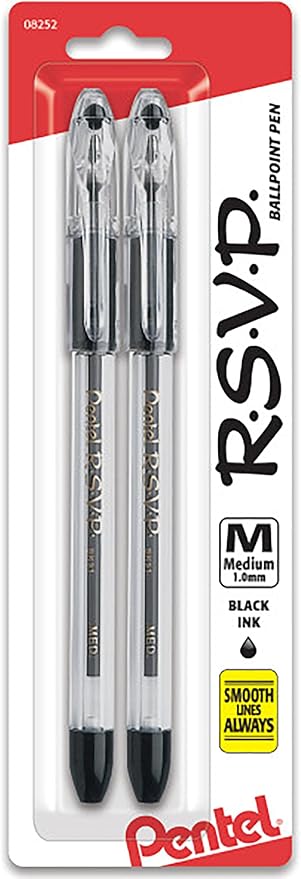 Pentel R.S.V.P. Ballpoint Pen, Medium Line, Black Ink, 2 Pack (BK91BP2A)