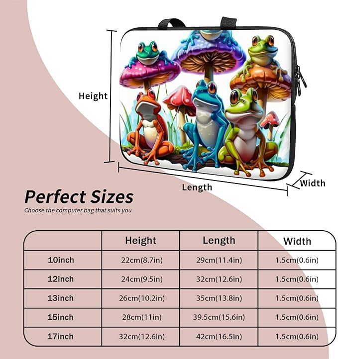 Laptop Sleeve Case Bag 15 inch, Color Frog Mushrooms Slim Carrying Case Durable Handbag Travel Laptop Bag for 15 inch MacBook Air M3/M2/15 Pro/Surface Laptop 7/6/5/4/3/ Dell XPS 15 Plus