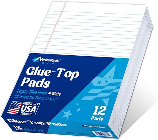 legal pads 8.5 x 11 Note Pads, Glue top Writing Pads, White Paper Wide Ruled Lined Paper Pads, BL-MWT50W-12-G, Made In The USA.
