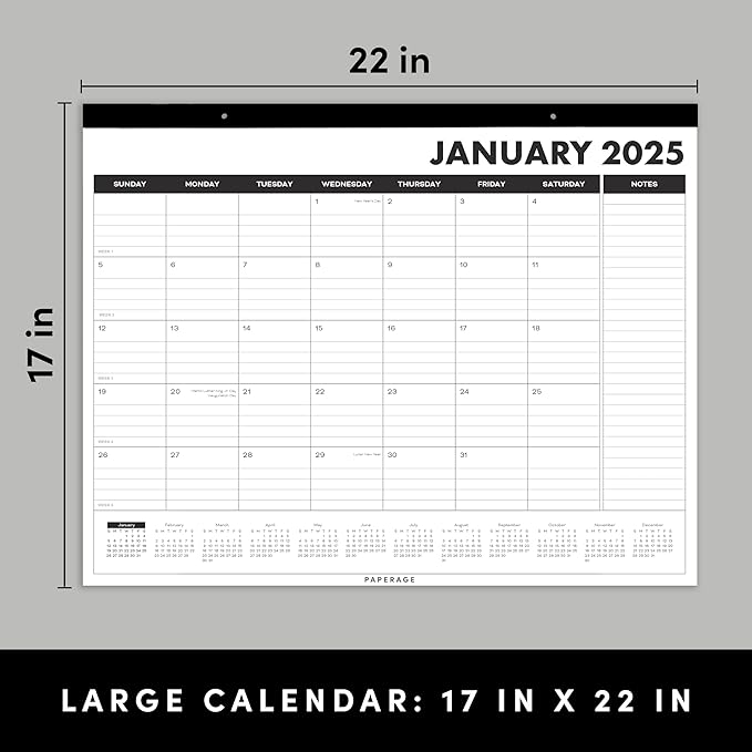 PAPERAGE Calendar 2025-12 Month (Black), Minimalist Wall and Desk Calendar with Monthly Views and Yearly Plans – Large (17 in x 22 in)