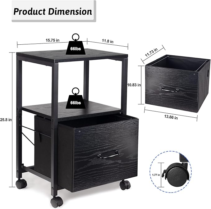 2 Tier Metal Mobile Under Desk Home Printer Stand with Storage Drawer Small File Cabinet for Home Office with Wheels Printer Tables for Small Spaces, Black