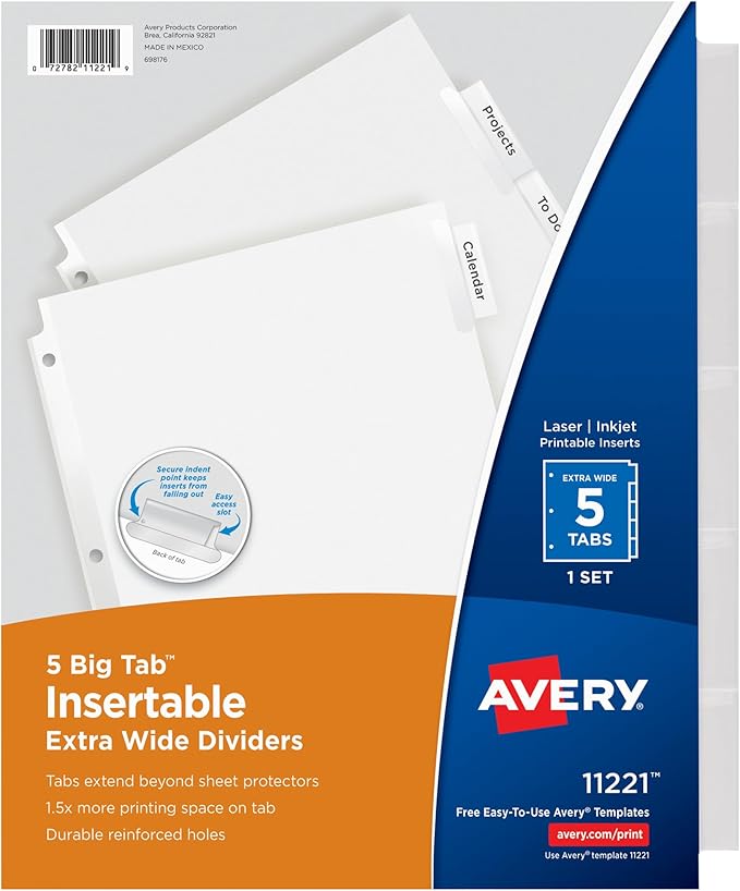 Avery Extra-Wide Big Tab Insertable Dividers for 3 Ring Binders, 5 Tab Set, White Paper, Clear Tabs, Works with Sheet Protectors, 1 Set (11221)