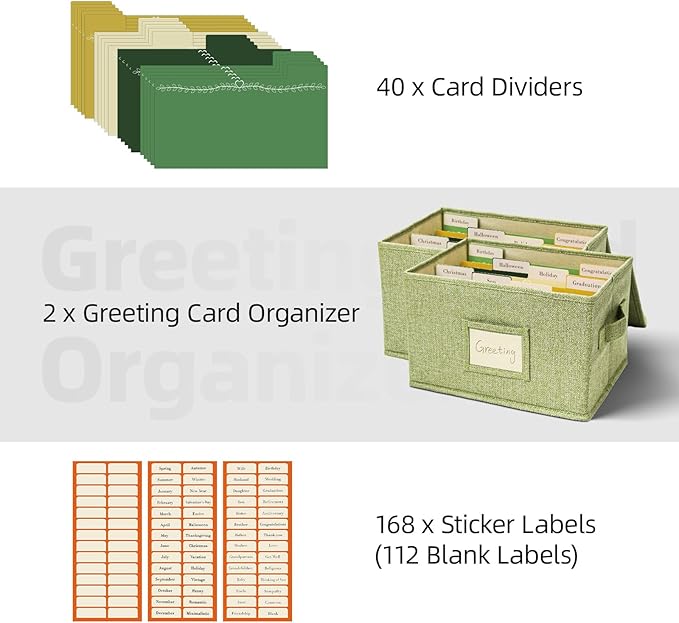 Vienrose Greeting Card Organizer Storage Box with 20 Removable Dividers, 84 Self-stick Labels, Perfect for Photos, Envelopes, Scrapbooking, Paper, Stickers Holder 2 Pack Grass Green