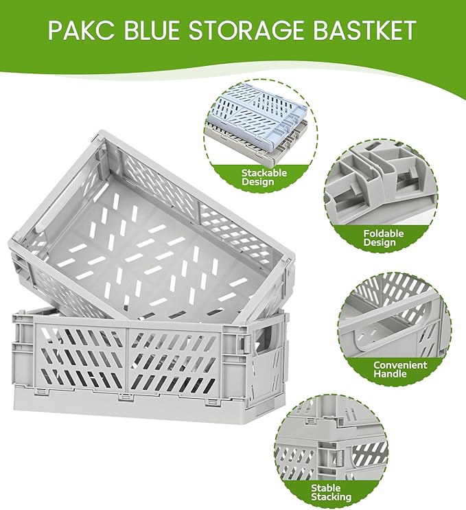 2-Pack Small Pastel Plastic Storage Baskets, Collapsible Crates for Organizing, Space-Saving Mini Bins for Classroom, Kitchen, Office, Bedroom (Grey, 9.8" x 6.5" x 3.8")