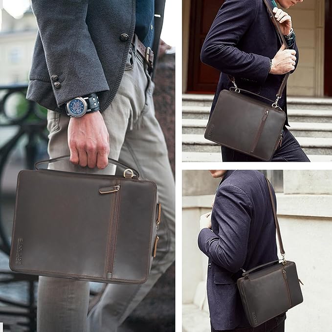 Polare Full Grain Cowhide Leather Bible Cover Church Bag Bible Protective Book Holder Carrying Case Folder Organizer Portfolio (Dark Brown with Shoulder Strap)