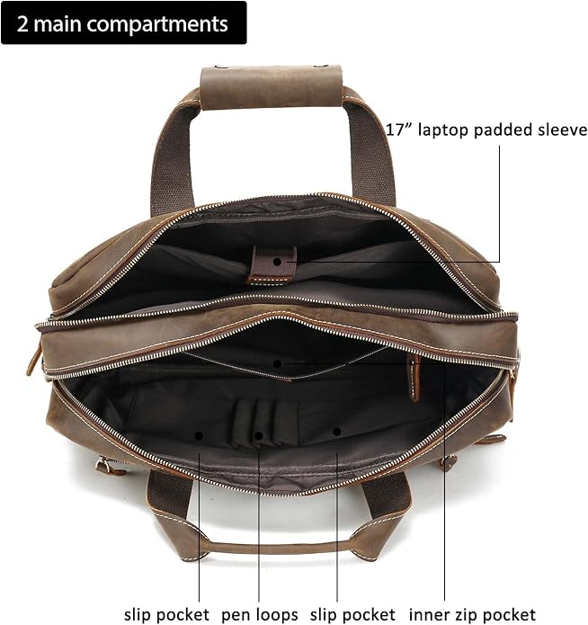 LANNSYNE Vintage 17” Leather Laptop Bag Briefcases For Men, Extra 1 Collection Brown