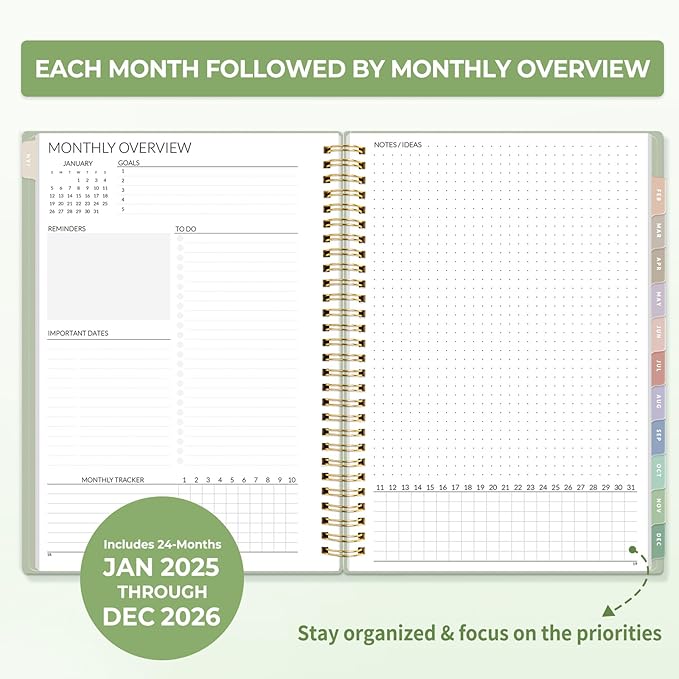 SUNEE 2025-2026 Monthly Planner - 24 Months (Jan 2025 - Dec 2026) Monthly Planner - 7"x10" Monthly Spreads & Yearly Planner, Sage Green