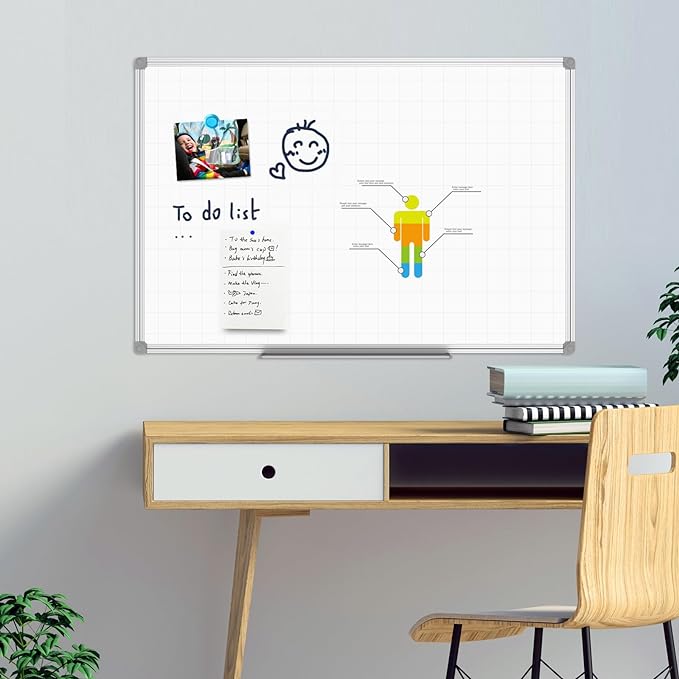 JILoffice Magnetic Dry Erase Planning Board, Grid Pattern White Board 36 x 24 Inch, Silver Aluminum Frame with Detachable Marker Tray for Office School and Home