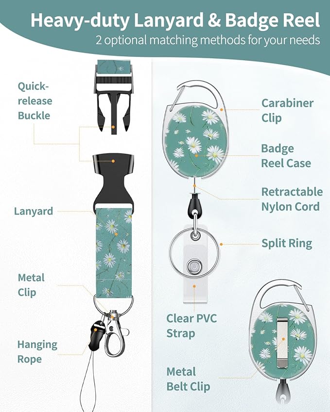 Uniclife Floral Sliding Badge Holder White Daisy Plastic Case with Retractable Badge Reel Carabiner Clip & Detachable Lanyard Strap Fashionable Vertical Card Protector for Women Nurse Teacher Student