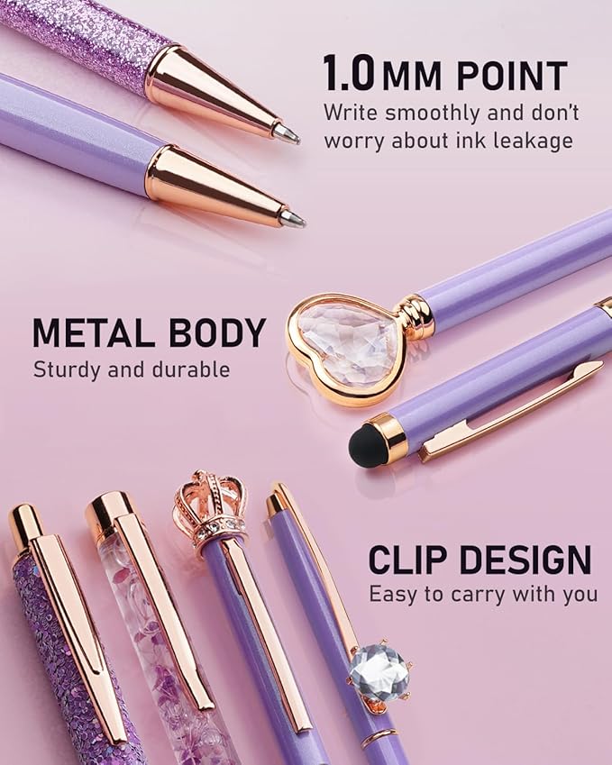 WEMATE 8Pcs Ballpoint Pens Set Metal Crystal Diamond Pen Glitter Pen for Journaling Purple Pens Bling in Black & Blue Ink Pretty Cute Pens Fancy Pens Gifts for Women Wedding School Office Desk(Purple)