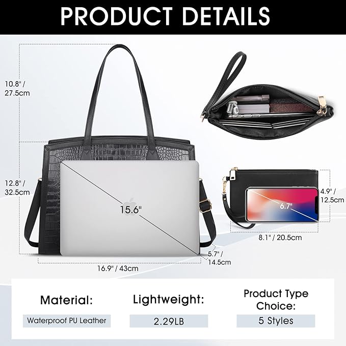 Laptop Bag for Women 15.6 Inch Laptop Tote Bags PU Leather Lightweight Womens Computer Bag Office Shoulder Bag Handbag Large Capacity Fashion Work Briefcase Bag 2PCs Black Crocodile Pattern
