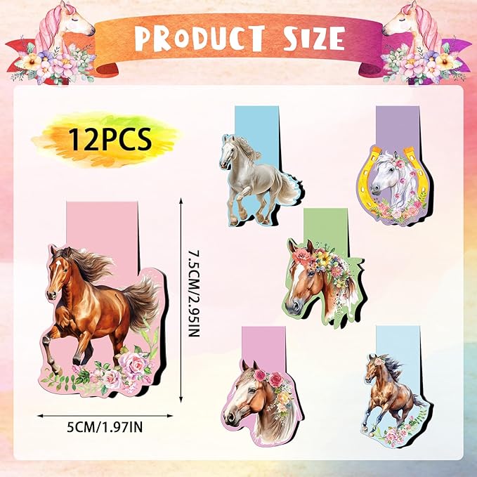 Horse Magnetic Bookmark Gifts - 12 Pcs Funny Animal Magnetic Bookmarks Flower Horse Book Mark Magnets Page Marker Clip Gift for Book Lovers Students Teacher School Reading Book Marks