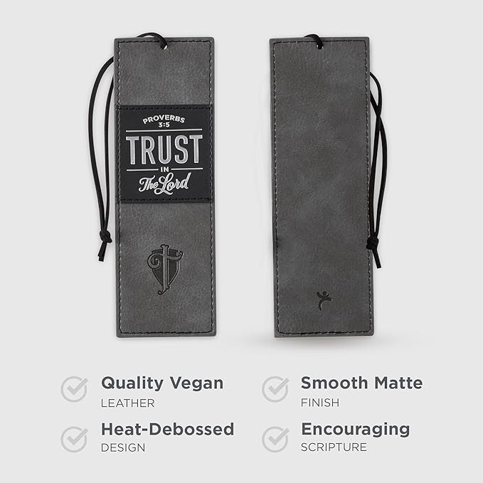 Christian Art Gifts Black Charcoal Gray Faux Leather Bookmark for Men: Trust in the Lord - Proverbs 3:5 Inspiring Bible Verse, Heat-debossed w/Silver Foil Accents Cross, Shield and Sturdy Leather Cord