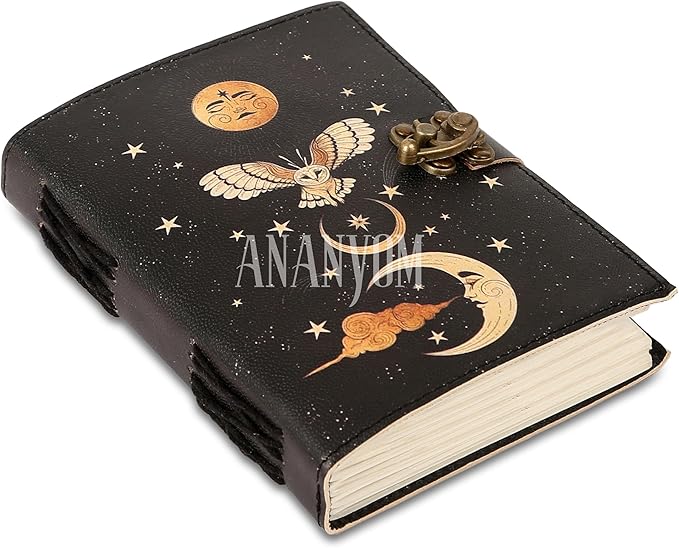 Handmade Leather Journal, Black, Sun & Moon Design, 8 x 6 Inch, 200 Unruled Pages, Hand Embossed, White Paper, Brass Clasp Lock, Vintage Notebook Diary, Sketchbook for Artists & Writers